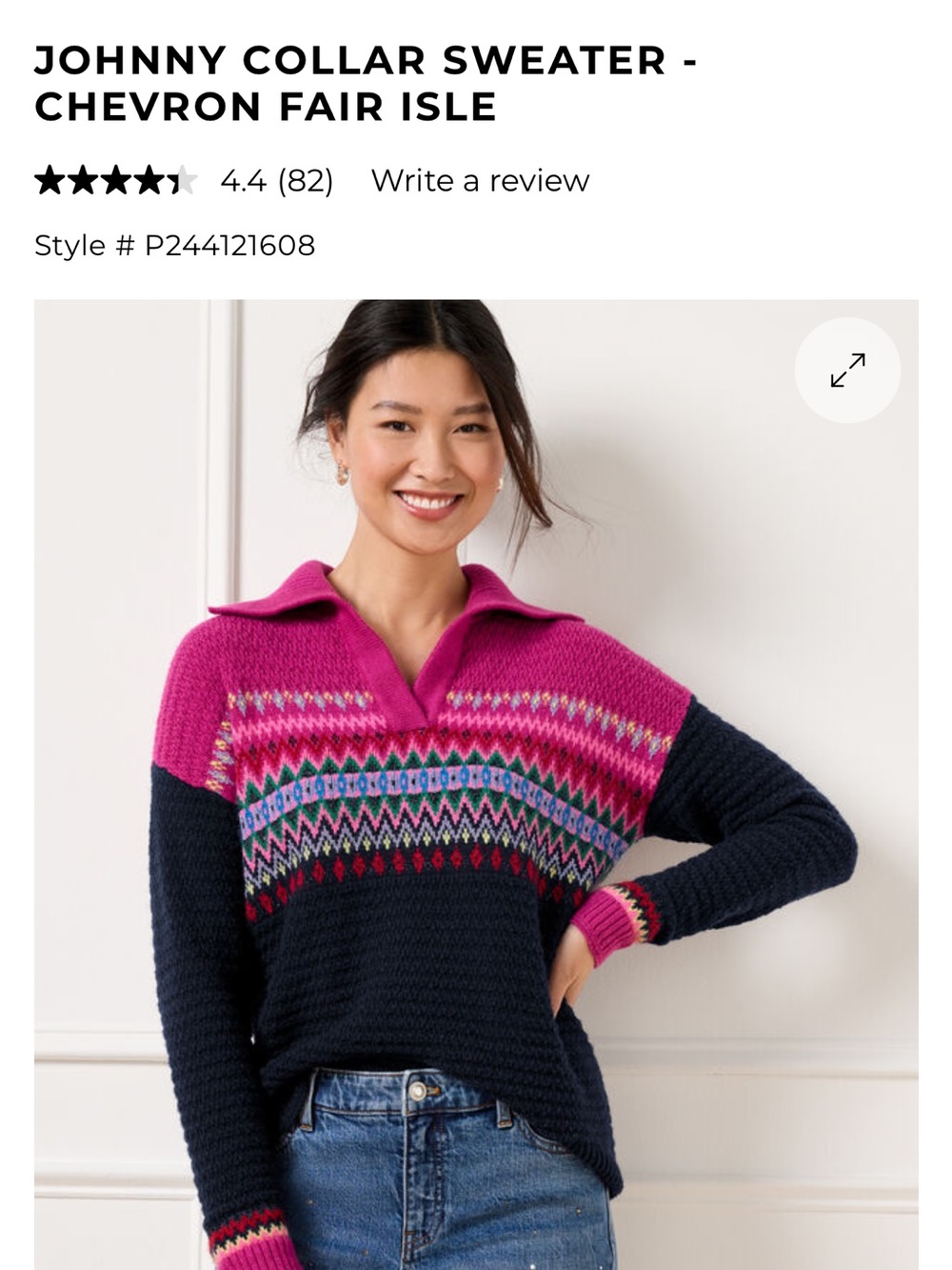 Women’s Talbots Large Chevron Fair Isle V‑Neck Sweater in Hot Pink and Navy